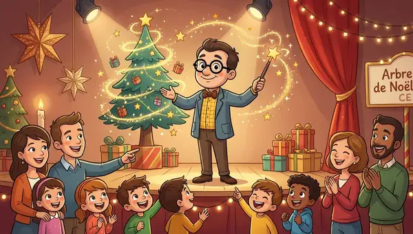 Monsieur Grimbuche sur scène lors d'un spectacle de Noël interactif devant un public d'enfants et de parents émerveillés.